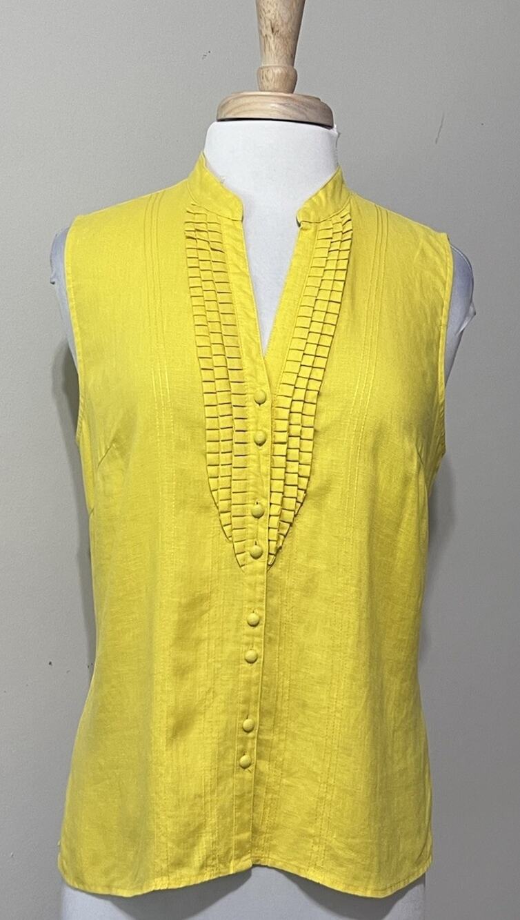 CAROLE LITTLE Womens L Yellow Sleeveless Top Linen Ruffle Summer Casual Preppy